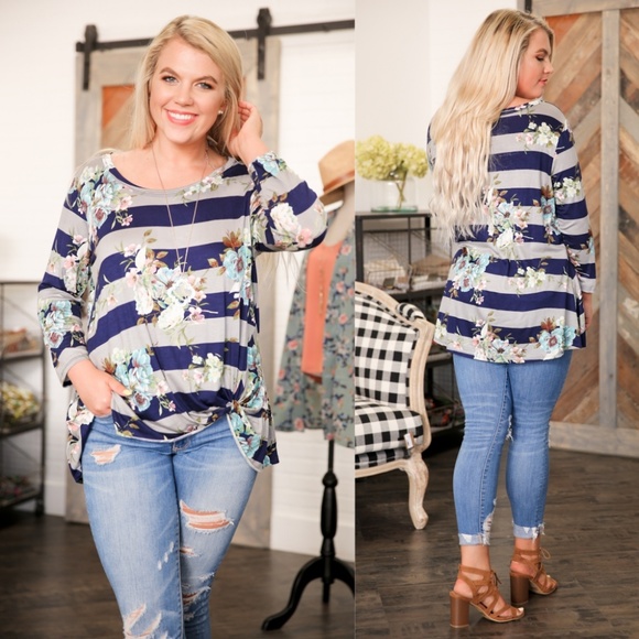 PLUS Navy & Gray Striped Floral Knotted Front Top - Picture 2 of 3
